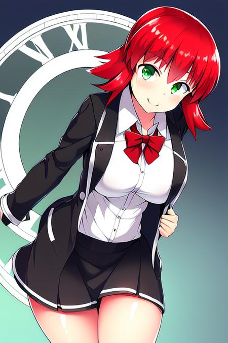 ruquia, red hair, short hair, hair tubes, green eyes, white shirt, black jacket, black skirt, medium breasts, smile, blush, looking at viewer, clock tower <lora:qmaruquia:0.6>