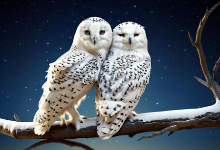 (masterpiece, detailed, atmospheric:1.3), a pair of Snowy Owls snuggled together on a branch of a tree, creating a warm and intimate scene against the cool night backdrop, intricate feathers and soft textures, moonlit night with a clear sky, distant farm visible in the background, peaceful atmosphere with a hint of rural charm, realistic portrayal of the owls' bond and comfort, subtle lighting enhancing the cozy feel, capturing the beauty of nature's harmony and companionship under the starry night sky.
