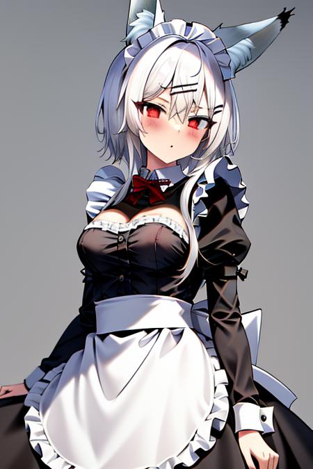 fox ears, red eyes, white hair, white background, hairclip, medium breasts, maid,, masterpiece, best quality,