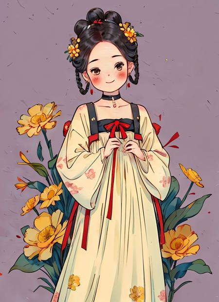 1girl, solo, blush, smile, simple background, black hair, hair ornament, long sleeves, white background, dress, ribbon, holding, standing,  braid,earrings, choker,  floral print, facing viewer, hair rings, yellow flower, holding flower, <lora:gufeng_v1:0.7>