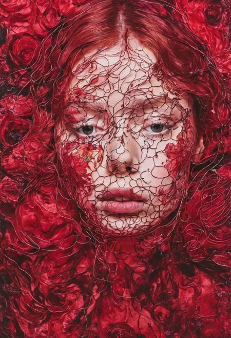 Metamorphosis, 
a woman emerging from a flower, 
demi rose mia goth face, 
red hair, 
filigree metal wire dress, 
high-definition alcohol ink swirls taking on the shape of a woman made of ink, 
alcohol ink background, 
emerging from a flower, 
macro photography, 
close-up ink dispersion, 
color gradients, 
ethereal underwater effect, 
smooth transitions, 
liquid textures, 
digital enhancement for clarity.