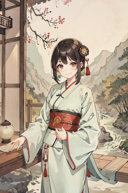 (masterpiece),best quality,good anatomy, shuimobysim,(1 girl:1), (upper body),(smile),short hair,(hanfu),(ecchi0.5), (trees:0.5), (flowers:0.6) ,(wooden house:0.2),(bamboo forest:0.2),(creek:0.2),(river:0.2), (shuimobysim:1.2), wuchangshuo, zhenbanqiao