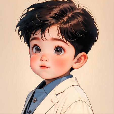 high quality,masterpiece,
Profile picture,1boy,toddler,round face,simple_background,;d,<lora:Children's illustration:0.8>,suit,fat,