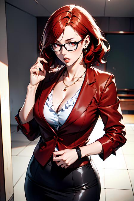 masterpiece,best quality, unreal engine, ultra res, extremely detailed,
1girl, medium breasts, waist, slender, (muscular:0.9)
<lora:Character_ort_vanessa_kof_v0.3:0.5>vanessa_kof
red hair, wavy hair, short hair, red eyes,parted lips,red rouge
 <lora:Cloth_ort_fashion_v0.1:0.4>
fashion2312, 
business  jacket, black jacket, white shirt, frills, cleavage, pencil skirt,  black skirt,
jewelry, necklace, glasses, teaching
school, teacher,
 <lora:Style_hews_style:0.3> <lora:Style_anmnr01AOM3A1:0.2>