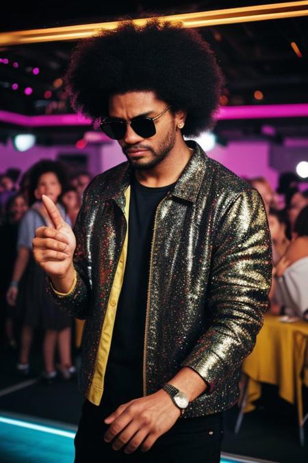 raw photo, upper body, disco, (80s, retro:1.1), dance floor, lasers, rainbow theme, a dancer man, 30 years old, sunglasses, big afro, (manly, wide jaw:1.2), dark skin, sparkly jacket, golden shirt, (vibrant colors:0.9), film grain, bokeh, fashion magazine, hdr, highly detailed photography, (muted colors, cinematic, dim colors, soothing tones:1.2), vibrant, insanely detailed, hyperdetailed, (dark shot:1.2), (vsco:0.3), (intricate details:0.9), (hdr, hyperdetailed:1.2)