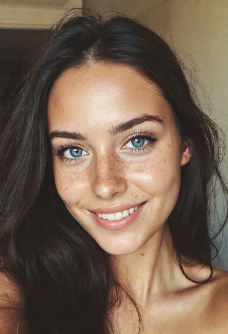 instagram selfie , a 22 year old gorgeous woman , challenging smile , detailed skin face and eyes , natural lighting , at home , long hair, topless , film grain, low contrast, natural face , fine freckles , black hair , blue eyes, (dark circles under eyes), eye shadow, eyeliner