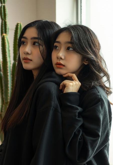 DSLR-style, slender, elegant 26-year-old Korean model, translucent pale skin with natural texture, soft shadow, diffused daylight from side, parted lips, masterpiece, ultra high-res  
<lora:NOOB_vp1_detailer_by_volnovik_v1:1>
barely visible pores, subtle skin texture variation, translucent skin tone, full body. 
"Two young women with dark hair are looking towards the left side of the frame. The woman on the left has long, straight hair and is wearing a dark hooded sweatshirt. The woman on the right has wavy hair and is resting her chin on her left hand, wearing a dark zip-up jacket. They appear to be indoors with a blurred background that includes a tall, green, cactus-like plant."
