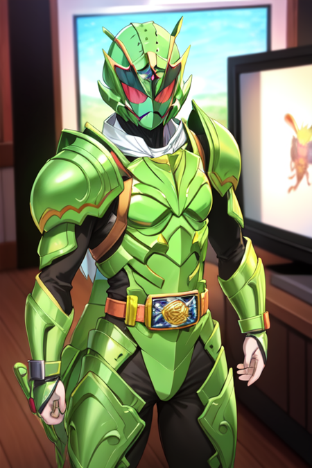 (Television, cicada:1.25), green armor, helmet, tokusatsu, rider belt, solo