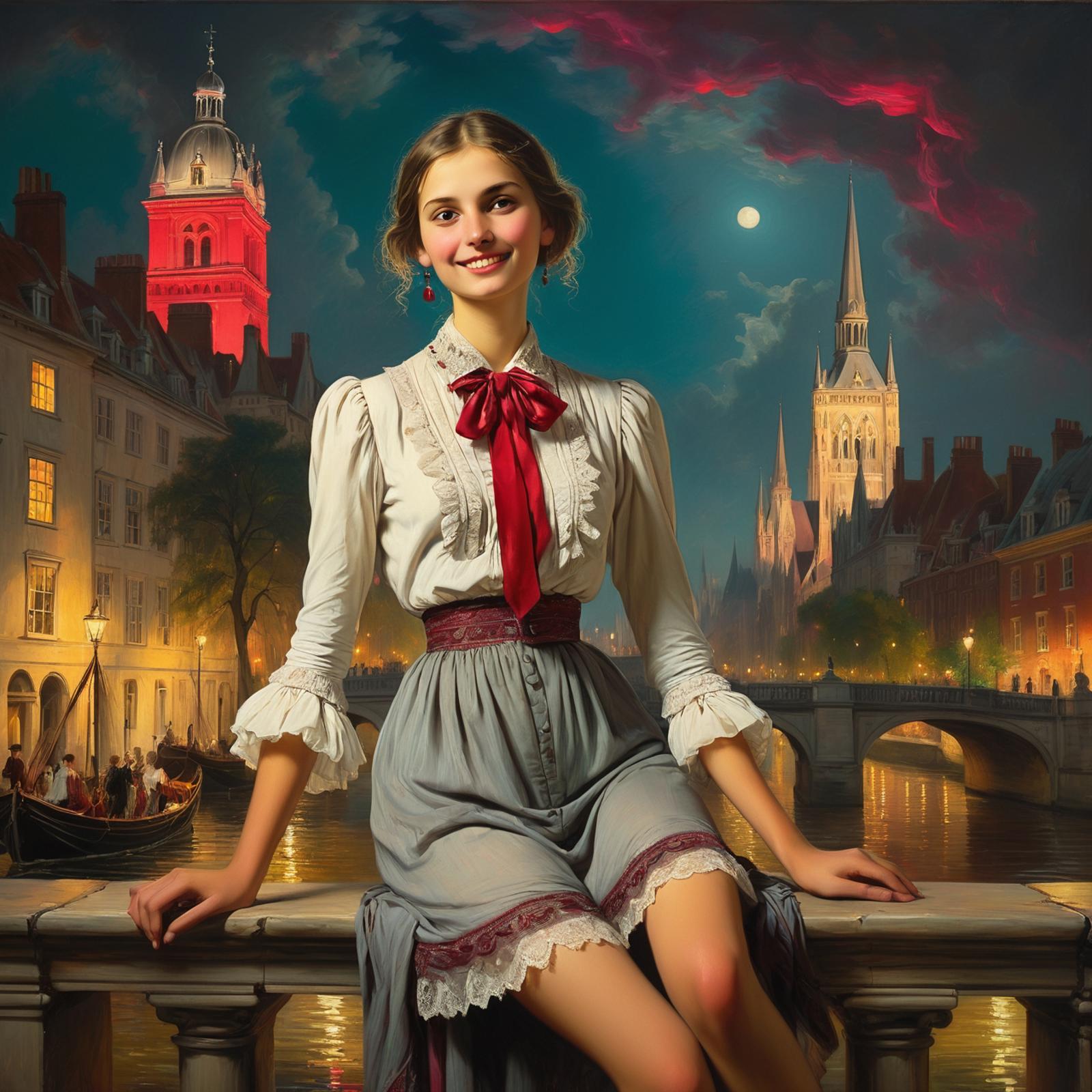 A woman in a white dress and red bow sitting on a bridge at night.