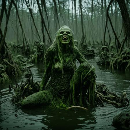 In a full shot fantasy scene, the swamp hag is shown in all her grotesque glory, her twisted features and putrid flesh on full display. Her lair is a chaotic, cluttered mess of bones, potions, and other grisly trophies, and her cackling laugh echoes through the swamp as she plots her next victim's demise.