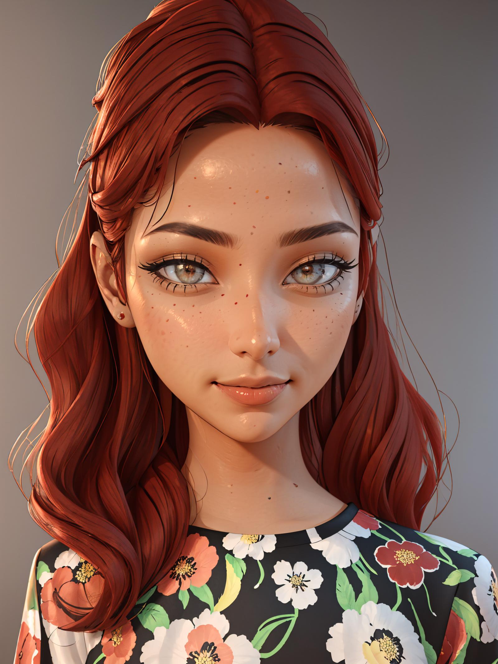 A 3D rendered image of a beautiful redhead woman wearing a floral print shirt.