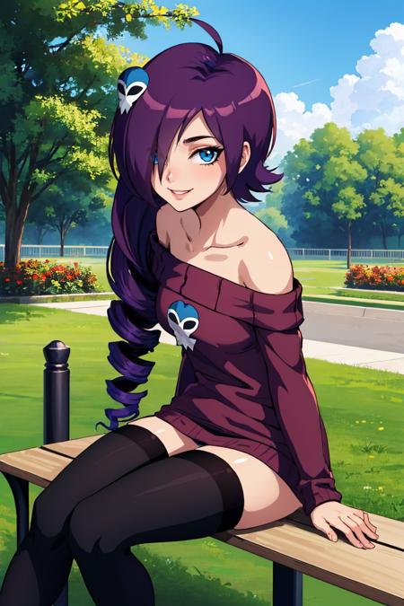 (masterpiece, best quality:1.2), solo, 1girl, zone-tan, smile, looking at viewer, sitting, bench, hair over one eye, ahoge, drill hair, skull hair ornament, off-shoulder sweater, thighhighs, outdoors <lora:newgrounds_zone-tan-10:1>