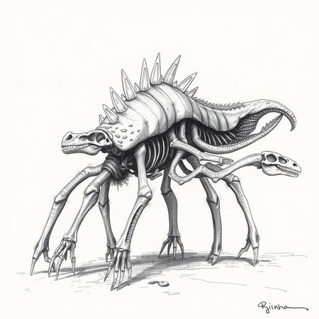 weird cryptic sketch, archaeology, giant fossil, multiple dinosaur skeletons, 8 legged creature with dinosaur skulls on the ends, spines, bones, 8 legs, creature, ribs, ugly
