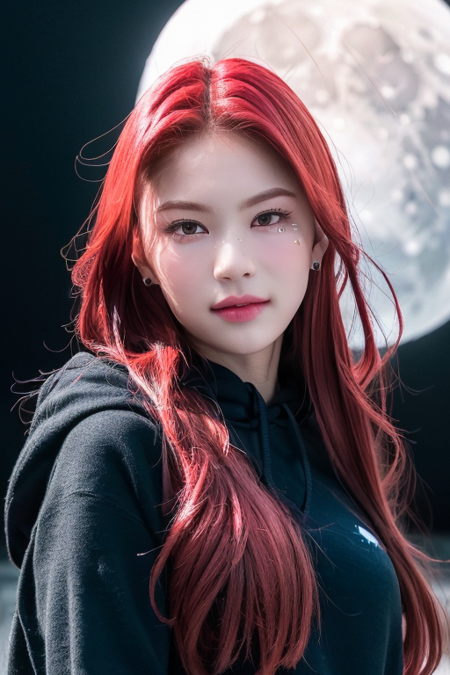 1girl, solo, looking at viewer, portrait, red hair, , (pastel:1.5), sleeves past wrists, black hoodie, jewelry, earrings, (moon, full moon, night:1.5), hyper realistic, lifelike texture, RAW, (best quality, masterpiece:1.2), (intricate details:1.3), (photo-realistic:1.3), natural soft light, ultra detailed, realistic skin texture, extremely detailed,