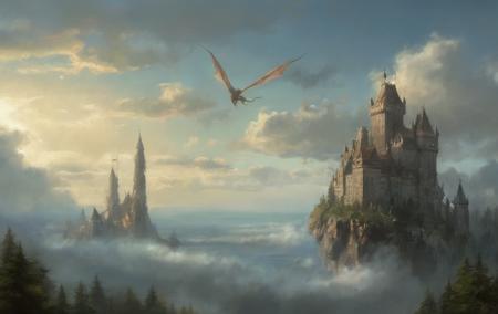 aethereal castle dragons flying in the sky tall spires that reach the clouds arcane magic by ClassipeintXL