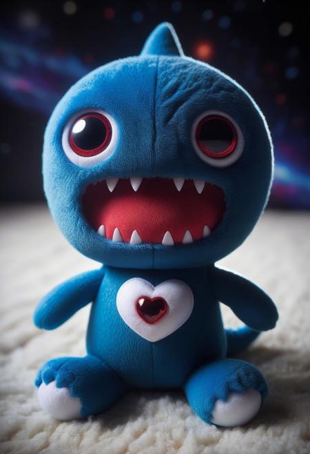 masterpiece,ultra-high resolution,incredible composition,extremely detailed, tiny monster plush with googly eyes, sharp teeth, rage extraterrestrial inside it, in space. made of beaten enchantment made ral-smlvltnpls