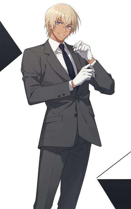 anst, solo, 1boy, male focus, blonde hair, blue eyes,  necktie, formal, gloves, suit, black footwear, shirt, pants, short hair, white shirt, jacket, white gloves