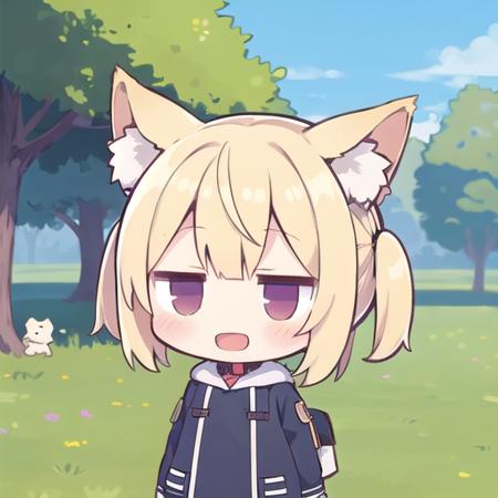 <lora:hotarueye_jitome12_v100:1>, 1girl, (chibi:1.4), smile, open mouth, dynamic angle, standing, animal ear, blonde hair, outdoor