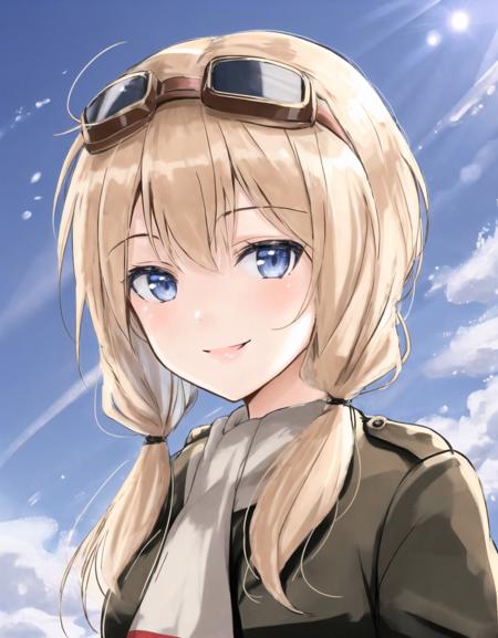 <lora:Carla-10:0.8>  1Girl , Solo , Carla , blonde hair , military uniform , goggles on head , jacket , scarf , smile , blue eyes  , low twintails , portrait , sky background ,