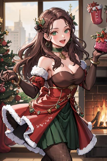 (best quality, highest quality:1.2), indoors, fireplace, christmas tree, 1girl, solo, cowboy shot, looking at viewer, open mouth, smile, <lora:DorotheaFE3H-FEH-bsinky-v1:0.8> xmasDorothea, hair ornament, elbow gloves, dress, bare shoulders, fishnets, pantyhose, earrings, choker, high heels, bracelet, fishnets, christmas