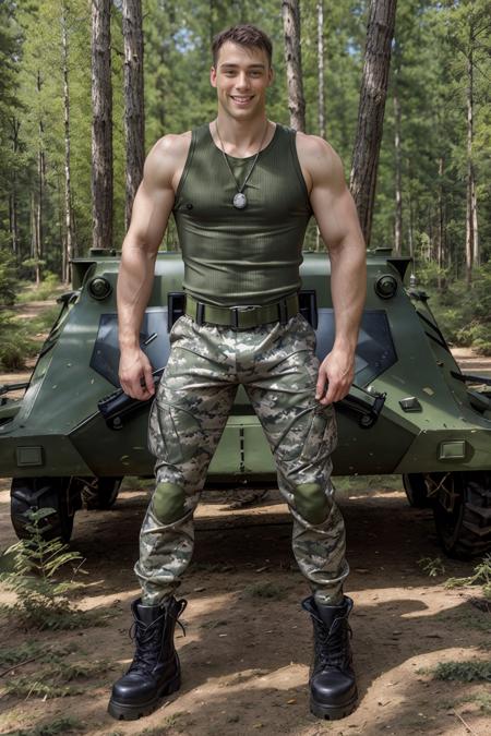 standing next to military tent, pine forest, forest ground cover foreground, muscular DustinKane, sexysoldier, smiling, (camouflage pants), tank top, green socks, (dog tags), (black boots), (army boots), ammunition belt, bandolier, ((full body portrait)), wide angle, (looking at viewer) <lora:Clothing - Sexy Soldier_v1:0.7>  <lora:DustinKane:0.8>