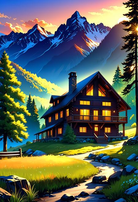 A captivating twilight scene illustration featuring a beautiful three story log cabin chalet with a wrap around deck and perfect craftsmanship on a  great mountain.   This enchanting artwork captures a serene and peaceful early morning, where the sun is just starting to rise over the beautiful tree covered mountain range and log cabin chalet which   stands resolute amidst the great mountains, creating a cinematic experience., illustration, cinematic
<lora:DonM3t3rn1tyXL-v1.1:0.7>, DonM3t3rn1tyXL,
OverallDetailXL  <lora:MJ52:0.3>  <lora:SDXLFaeTastic2400:0.4>  <lora:EpicF4nta5yXL:0.7>