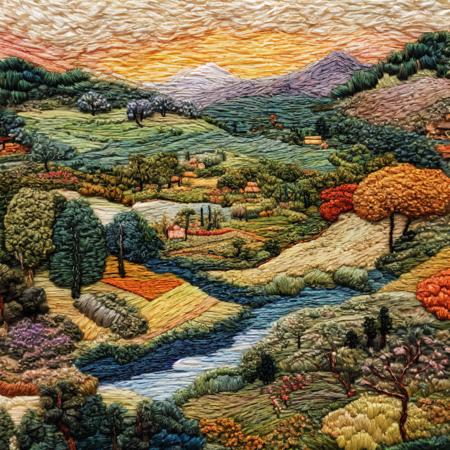 <lora:kEmbroideryRev:.9> Embroidery landscape