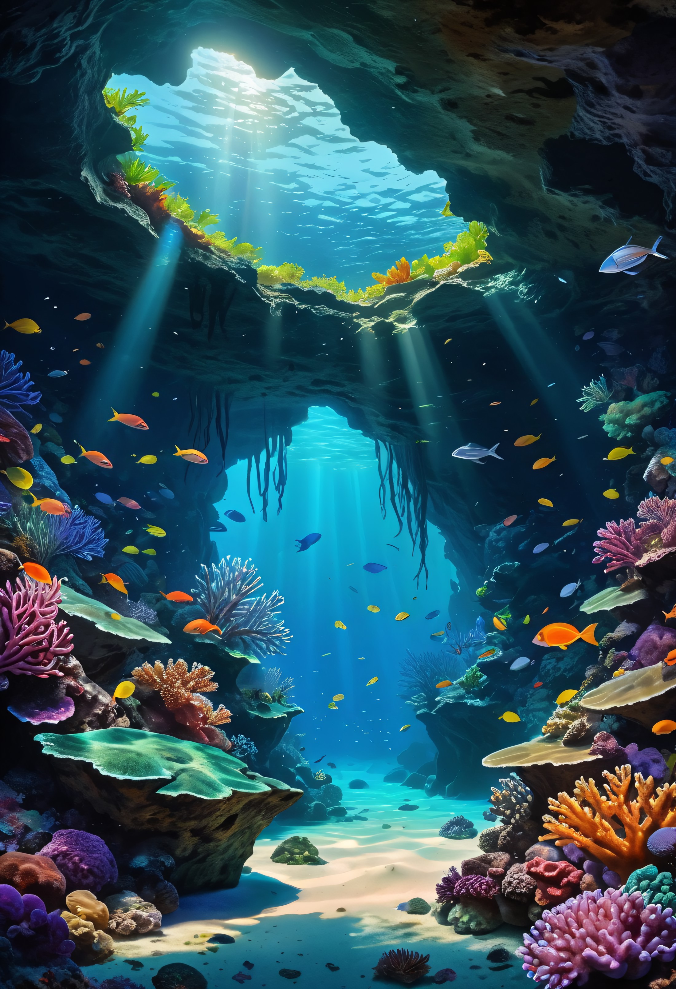 a vertical landscape of a coral reef cave, the top of image is bright but its darker and darker at the bottom, the seabed ...
