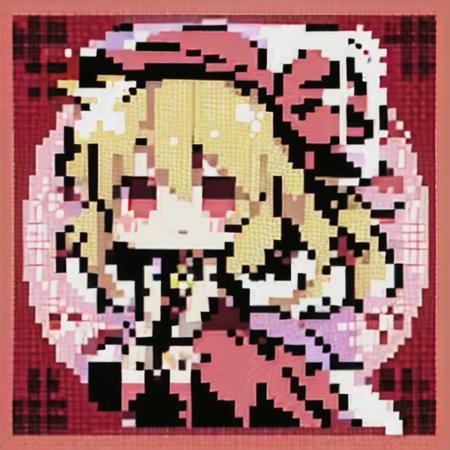 basepixel, 1girl, solo, short_hair, blonde_hair, red_eyes, hat, dress, wings, chibi, pink_background, flandre_scarlet <lora:basepixel-20:1>