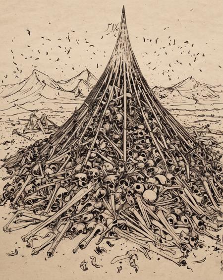 thousands of disarticulated and scattered have bones piled high on a dusty empty battlefield, the bone pile is shaped of a large cone, (disarticulated skeletons:1.3), mixed, haphazard, femurs, disarticulated ulna, disarticulated radius, disarticulated ribs, intricate details, hyper detailed, ink on parchment, minimalist, Muromachi zen style, Paul Cézanne style,