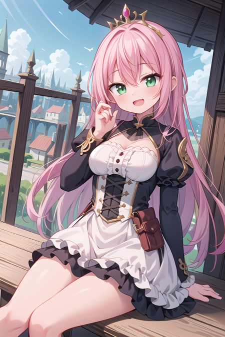 insanely detailed, absurdres, ultra-highres, ultra-detailed, best quality,
1girl, solo, nice hands, perfect hands,
BREAK
princess, princess dress with many frills, teara on hair,
happy smile, laugh, open mouth,
sitting, cute pose,
from below, cowboy shot,
BREAK
slender, kawaii, perfect symmetrical face, ultra cute girl, ultra cute face, ultra detailed eyes, ultra detailed hair, ultra cute, ultra beautiful,
BREAK
on roof of castle, (fantasy world, castle, panorama view:1.3), depth of field,
medium large breasts,
BREAK
pink hair, long hair, messy hair, green eyes, hair between eyes