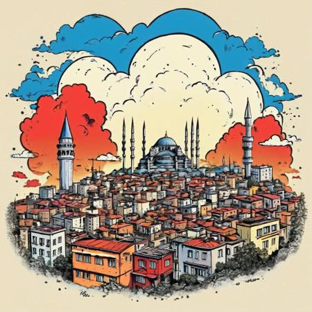 Chaotic stunning istanbul city, skyline, illustrated by hergé, style of tin tin comics, pen and ink. vintage 90's anime style, colorful clouds, symmetric,  <lora:TShirtDesignRedmondV2-Tshirtdesign-TshirtDesignAF:1> T shirt design, TshirtDesignAF