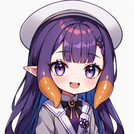 masterpiece, 1girl, best quality, ninomae ina'nis, long hair, dark purple hair, pointy ears, tentacle hair, chibi, minigirl, multicolored hair, colored inner hair, :d, gray jacket, gray headwear, upper body, simple background,