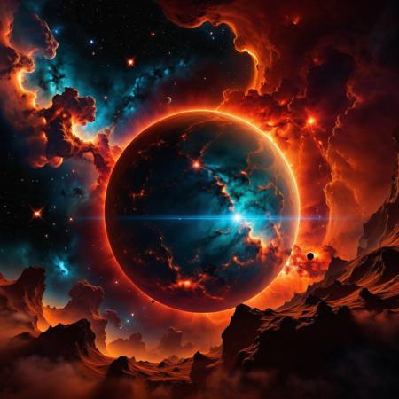 Create a high-resolution digital illustration of a cosmic scene featuring a distant planet partially hidden by clouds of glowing orange and red nebula gas. The scene should include a dark, star-filled sky as the backdrop, with the nebula clouds illuminated by a bright, warm light source, creating a dramatic and intense contrast. The overall atmosphere should convey the vastness and beauty of space with rich, warm colors and intricate details in the nebula clouds and distant stars.