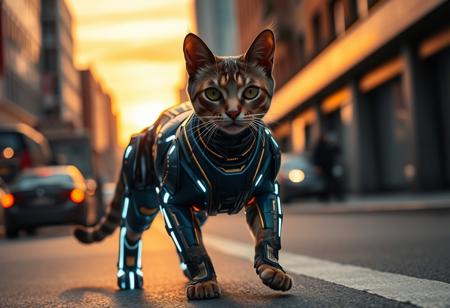 facing camera, beautiful cat's head, on a navy blue cyborg cat's body with gold trim, face and eyes and neck are normal, neon lights outline legs and body, bright studio lights are lighting face, walking down a city street on all four paws, at dusk, sun is behind but not visible