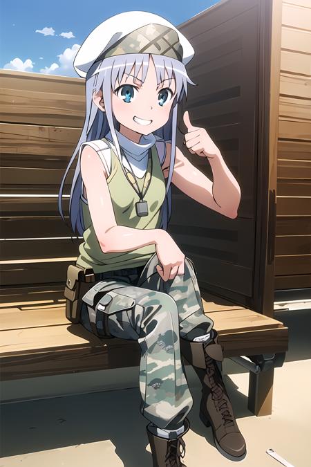 masterpiece, 1girl, index \(toaru majutsu no index\), cute, best quality, silver hair, beret, sitting with leg up, sunglasses, camo, tank top, dog tags, military outfit, combat boots, cargo pants, holding wrench, desert, jeep, sunny, blue sky, grin, thumbs up, best quality, anime