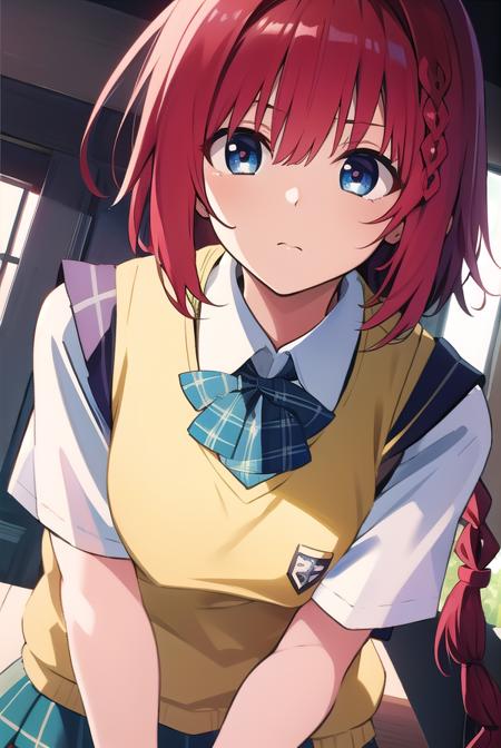 meakurosaki, <lyco:meakurosaki-LYCORIStest:1>,
mea kurosaki, ahoge, blue eyes, braid, hair intakes, hair ornament, long hair, red hair, hair braid,
BREAK green skirt, plaid, plaid skirt, sainan high school uniform, school uniform, skirt, shirt, white shirt, sweater vest, (yellow sweater vest:1.5),
BREAK looking at viewer,
BREAK indoors, classroom,
BREAK <lora:GoodHands-vanilla:1>, (masterpiece:1.2), best quality, high resolution, unity 8k wallpaper, (illustration:0.8), (beautiful detailed eyes:1.6), extremely detailed face, perfect lighting, extremely detailed CG, (perfect hands, perfect anatomy),