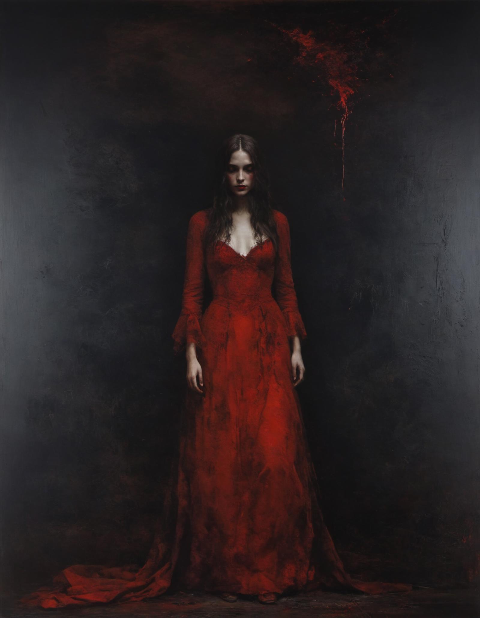 A woman in a red dress stands in a dark room.