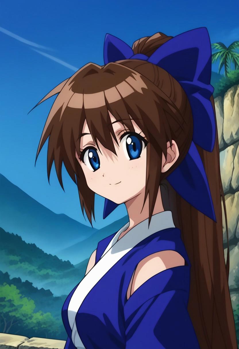 score_9, score_8_up, score_7_up, source_anime, highly detailed, 
suzuaira, 1girl, solo, brown hair, long hair, ponytail, blue eyes, bow, hair bow, blue bow, japanese clothes, shirt, blue shirt, short sleeves, bare shoulders,
outdoor, island, palms, sky, upper boy, smile,