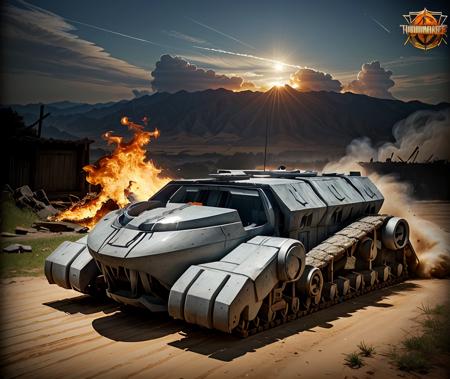 , (best quality), (masterpiece), (detailed), ,realistic,  <lora:quiron_thundertank_v1_Lora:0.87> thunderTankQuiron   war tank,  radioactive city, glowing ruins, hazardous contamination, mutated wildlife, fire, explosion scene,