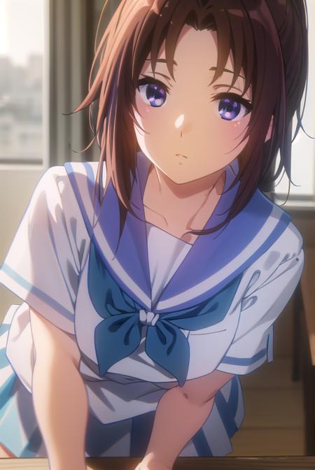 natsukinakagawa, <lora:natsuki nakagawa s2-lora-nochekaiser:1>,
natsuki nakagawa, nakagawa natsuki, long hair, brown hair, (purple eyes:1.2), ponytail, (parted bangs:1.5),
BREAK skirt, shirt, school uniform, white shirt, short sleeves, pleated skirt, serafuku, sailor collar, blue skirt, neckerchief, blue sailor collar, school bag, blue neckerchief, kitauji high school uniform,
BREAK indoors, classroom,
BREAK looking at viewer, (cowboy shot:1.5),
BREAK <lyco:GoodHands-beta2:1>, (masterpiece:1.2), best quality, high resolution, unity 8k wallpaper, (illustration:0.8), (beautiful detailed eyes:1.6), extremely detailed face, perfect lighting, extremely detailed CG, (perfect hands, perfect anatomy),