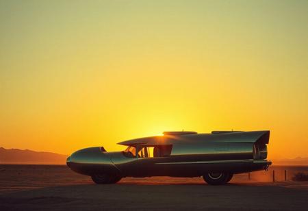 avant-garde, retro futurism , gold and chrome, california desert,sunrise, 1970s, robert T, techno style