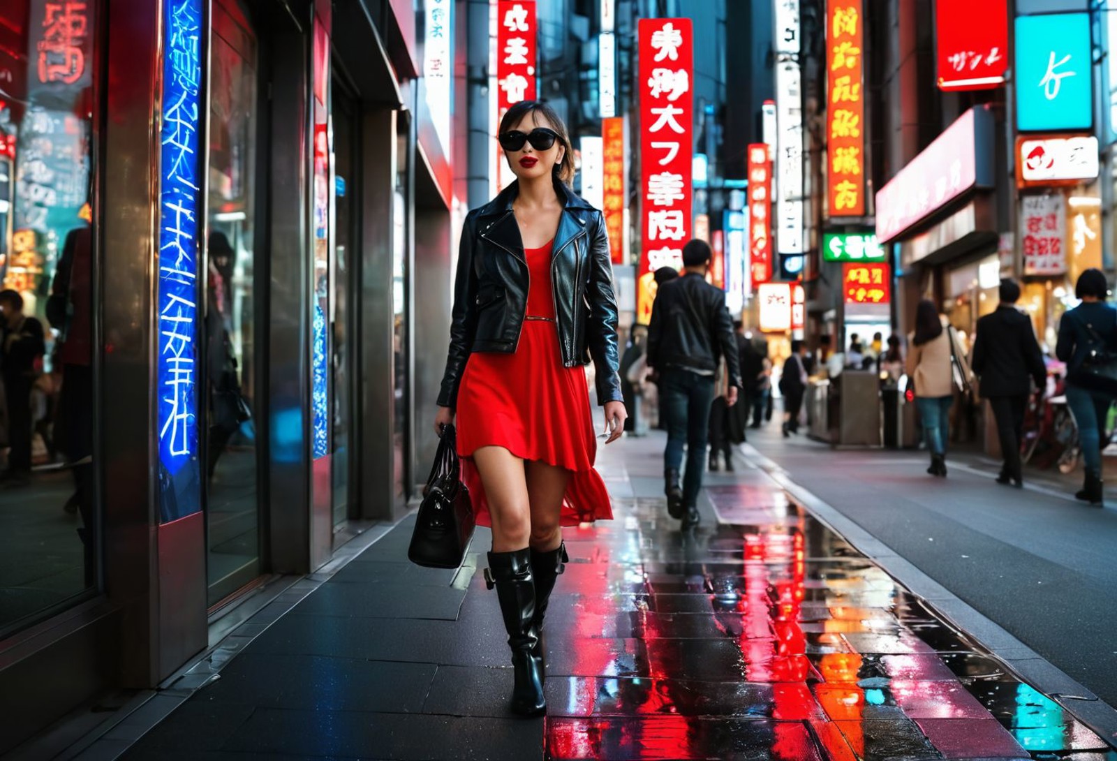 Half body shot, A stylish woman walks down a Tokyo street filled with warm glowing neon and animated city signage. She wea...
