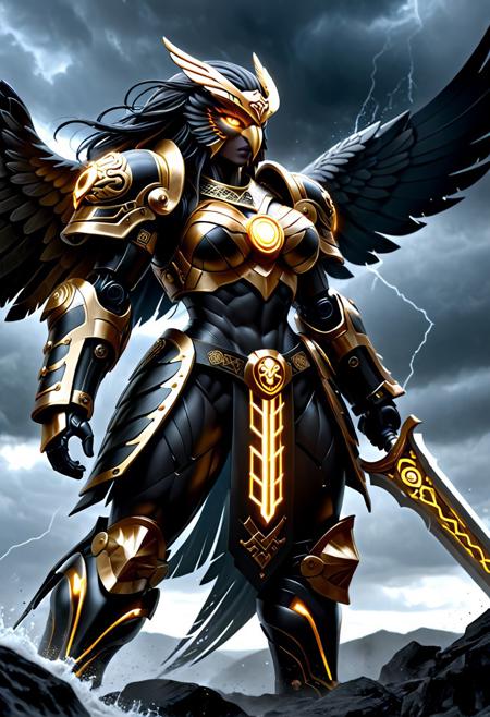 SFW, Massive and Hugely muscled female barbarian warrior  Battle scars and  with symbols of black suns and war eagles.  embodying a drive for battle glory  Yellow Glowing War  Eagle Prominently displayed on her armmor.  Running at Viewer. Celtic accents adds to the character's menacing and heroic presence.   Full body Cyborg Futuristic Armor. 
 Standing heroically amidst a stormy battlefield,  The character, adorned with intricately designed full-body armor that features a hybrid of Damascus steel and Futuristic Armor, stands poised for battle. The armor's fractal designs shimmer with a mystical energy, merging beautifully with the Damascus steel’s distinctive water-like patterns. Her LED eyes reflect an intense and focused determination.   The overall image is ultra-high definition, with sharp focus on the intricate details, natural lighting, and realistic textures,
