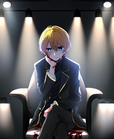 (Aquamarine1.1); 1boy, solo focus, gold hair sitting on sofa on stage under spotlight,  Chunibyo, crossed one's legs, hand cover own face, dark, frown, facing viewer, black coat,   shadow, hate, black pants, blood spot on wall
<lyco:oshinoko-ep02-cs2-loha-step-35000:1>