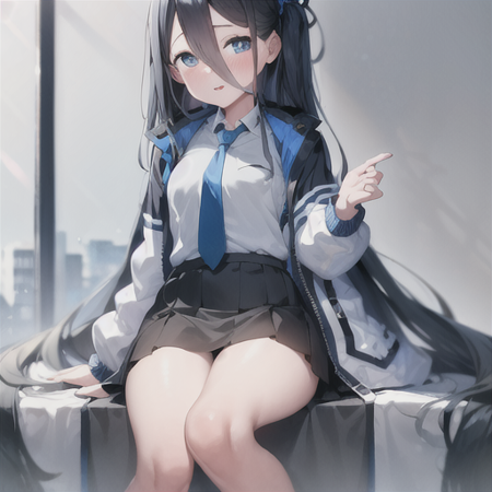 masterpiece, best quality, highres, 1girl, arisu, jacket, white shirt, hairband, necktie, collared shirt, black skirt, halo, blue necktie, <lora:blue_archive_arisu-v1:0.7>