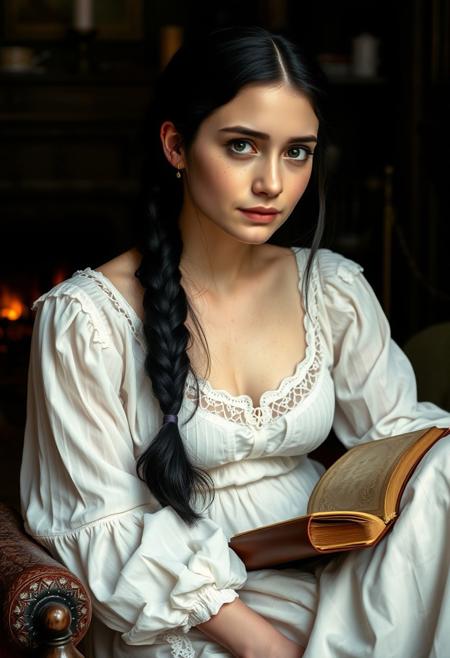"An ultra-realistic portrait of a graceful 20yo Victorian lady sitting by the fire in her nightgown. Her long black hair is tied up in a single braid which flows down her back. There is dim lighting within the room as she sits and relaxes with a leather bound book in her lap. She has pale skin and freckles, her face is round with small nose. The room is highly detailed and full of dark mahogany furniture."