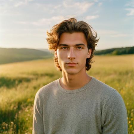 film photography style a handsome young man looking at camera in a meadow at golden hour with fluffy clouds in the background, portrait,  <lora:FILM_PHOTOGRAPHY_STYLE-000017:1>