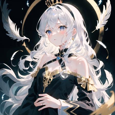 (((masterpiece))),best quality, illustration,(beautiful detailed girl), a girl ,solo,bare shoulders,flat_chest,diamond and glaring eyes,beautiful detailed cold face,very long blue and sliver hair,floaing black feathers,wavy hair,black and white sleeves,gold and sliver fringes,a (blackhole) behind the girl,a silver triple crown inlaid with obsidian,(stand) on  the black ((mountain)), (depth) of (field),