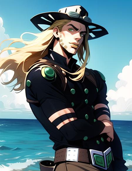 solo, araki hirohiko (style), blonde, half body, gyro zeppeli, brown hat, goggles,  belt, long hair,body, thin waist, male focus, 1boy, masterpiece, best quality, ultra-detailed detailed, detailed digital artwork, hi res, male focus, beard,  ocean background, sea, <lora:gyro-000003:0.85>